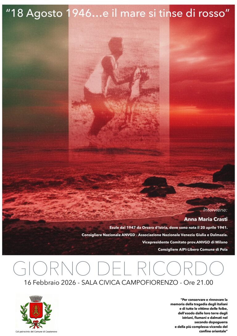“18 agosto 1946… e il mare si tinse di rosso” – Incontro pubblico in occasione del Giorno del Ricordo.