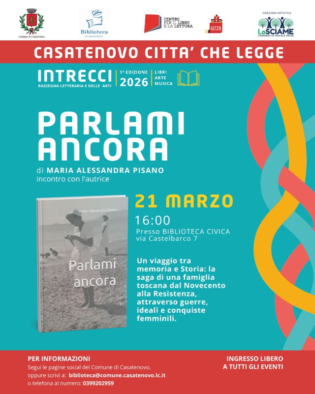 21 marzo – Intrecci. Libri, Arte, Musica – Rassegna letteraria e delle arti – Presentazione del libro ”Parlami ancora” di Maria Alessandra Pisano