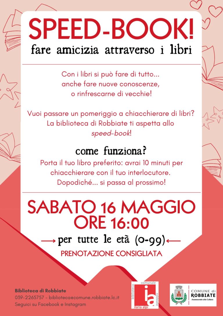 SPEED BOOK! – sabato 16 maggio – Biblioteca Robbiate