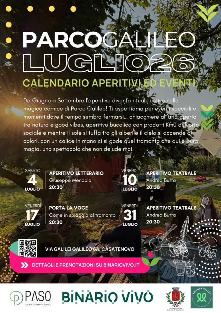 Eventi a Parco Galileo – 4 luglio – Aperitivo letterario con Giuseppe Mendola