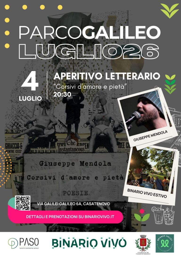 Eventi a Parco Galileo – 4 luglio – Aperitivo letterario con Giuseppe Mendola