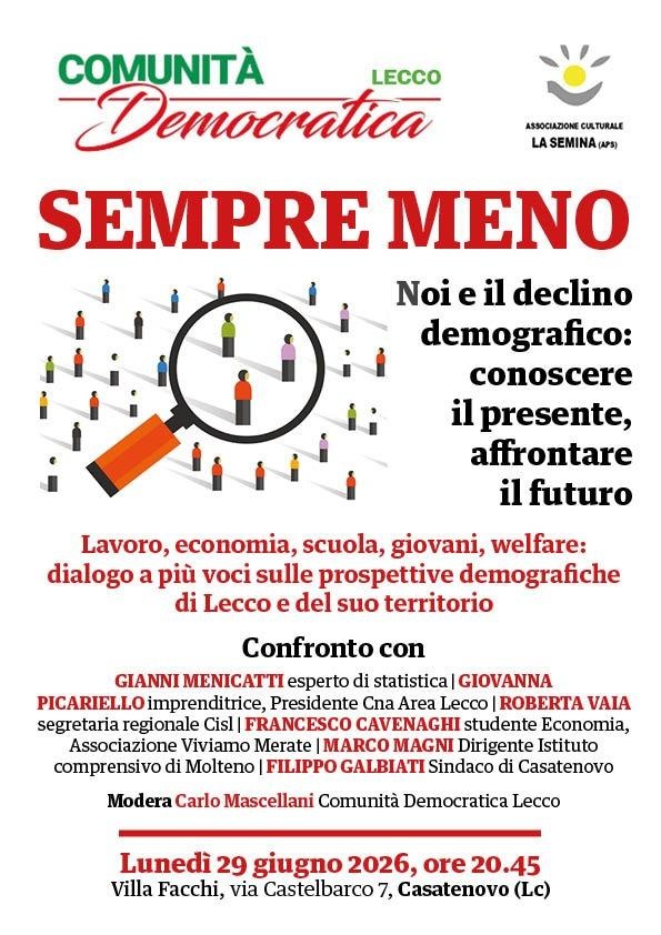 Sempre meno – Incontro incentrato sul declino demografico del Lecchese e le sue conseguenze su lavoro, economia e welfare.